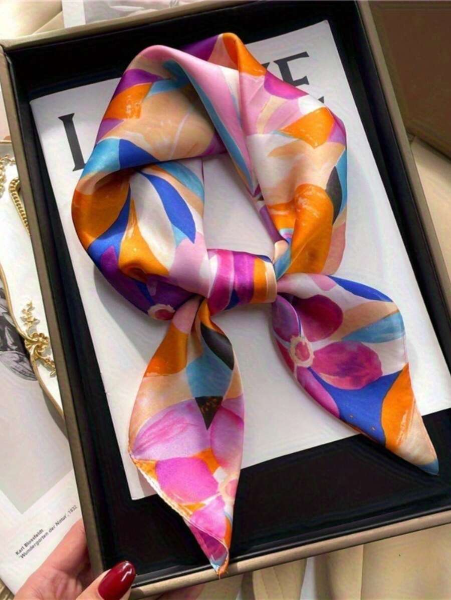 1pc Women's Elegant Retro Fashion Lemon Tree Print Lightweight Satin-Like Square Faux Silk Scarf, Bohemian Vintage Casual Lady's Neck Wrap, Shawl, Thin & Comfortable Headscarf, Suitable For Spring/Summer Daily Wear And Outings - Red - View 1
