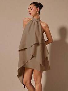 Vestido de gasa con escote halter y espalda descubierta en color rosa sólido, adecuado para primavera/verano, vacaciones, boda elegante, vestido de espalda descubierta, vacaciones, atuendos de vacaciones de verano para mujeres, elegante para mujeres, vestidos de verano, vestido rosa con volantes en el bajo - Caqui - Ver 4