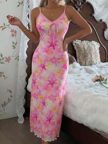 Vestido de tirantes de verano para mujer con estampado floral diminuto en tonos pastel, diseño de espalda abierta con encaje calado, adorno de cuello con lazo, camisón largo de jacquard para uso al aire libre - Rosa - View 8