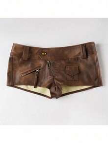 Women's Distressed Leather Mini Shorts With Wide Waistband & Utility Zipper Detailing - Retro Moto Style Featuring A Vintage Wash And Contrast Metal Hardware For Urban Edge - Brown - View 6