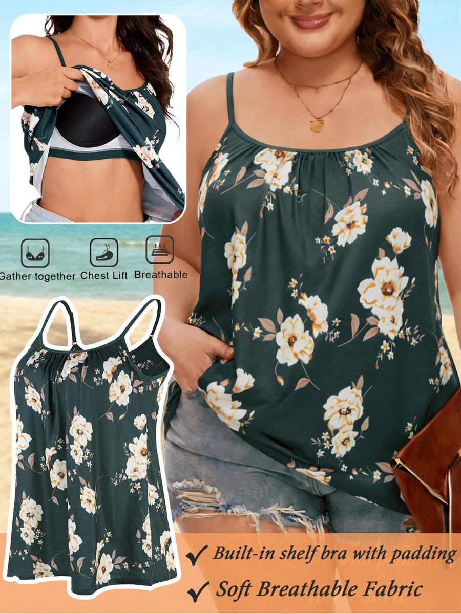 Plus Size Floral Women's Cami With Built In Bra Flowy Tank Top Swing Pleated Shirt Camisole Adjustable Spaghetti Strap With Shelf Bra Cup Pad Loose Tops Summer Beach Casual S-4XL - Flower Prints-Green - 查看 1