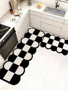 1pc Soft Rubber Absorbent Kitchen Mat, 3.5mm Thick Absorbent Rug For Large Or Small Area, Korean Chic Wavy Checkerboard Silicone Mud Carpet, Wavy Soft Edges Break The Norm, Checkered Pattern Of Milky White And Classic Black, Geometric Collision, Retro Atmosphere And Playful Minimalist Room Decor Carpet, Can Be Cut To Fit Kitchen Size - Black and White - View 2
