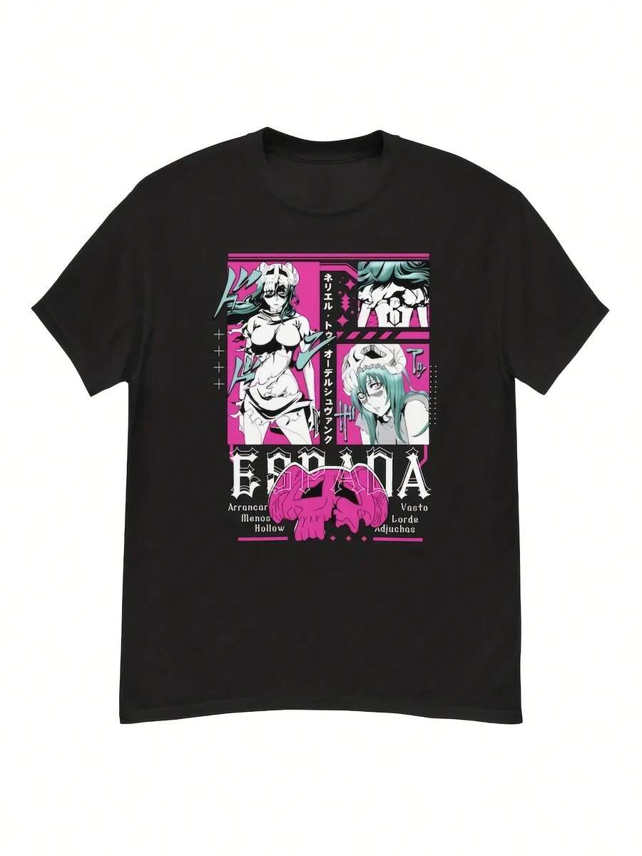 Camiseta Gráfica de Anime para Hombre Nelliel - 100% Algodón, Cuello Redondo, Manga Corta, Estampado de Personajes en Rosa y Verde Vibrante, Tela Suave y Transpirable No Elástica, Comodidad para Todas las Temporadas, Camiseta Casual Lavable a Máquina para Hombres y Mujeres, Camiseta de Anime, Ropa Cómoda, Estilo Casual, Tela No Elástica - Negro - Ver 1