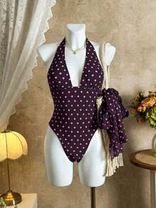 Traje de baño de dos piezas con estampado de lunares, escote asimétrico y espalda descubierta, atuendo de vacaciones en la playa para el verano - Burdeos - Ver 4