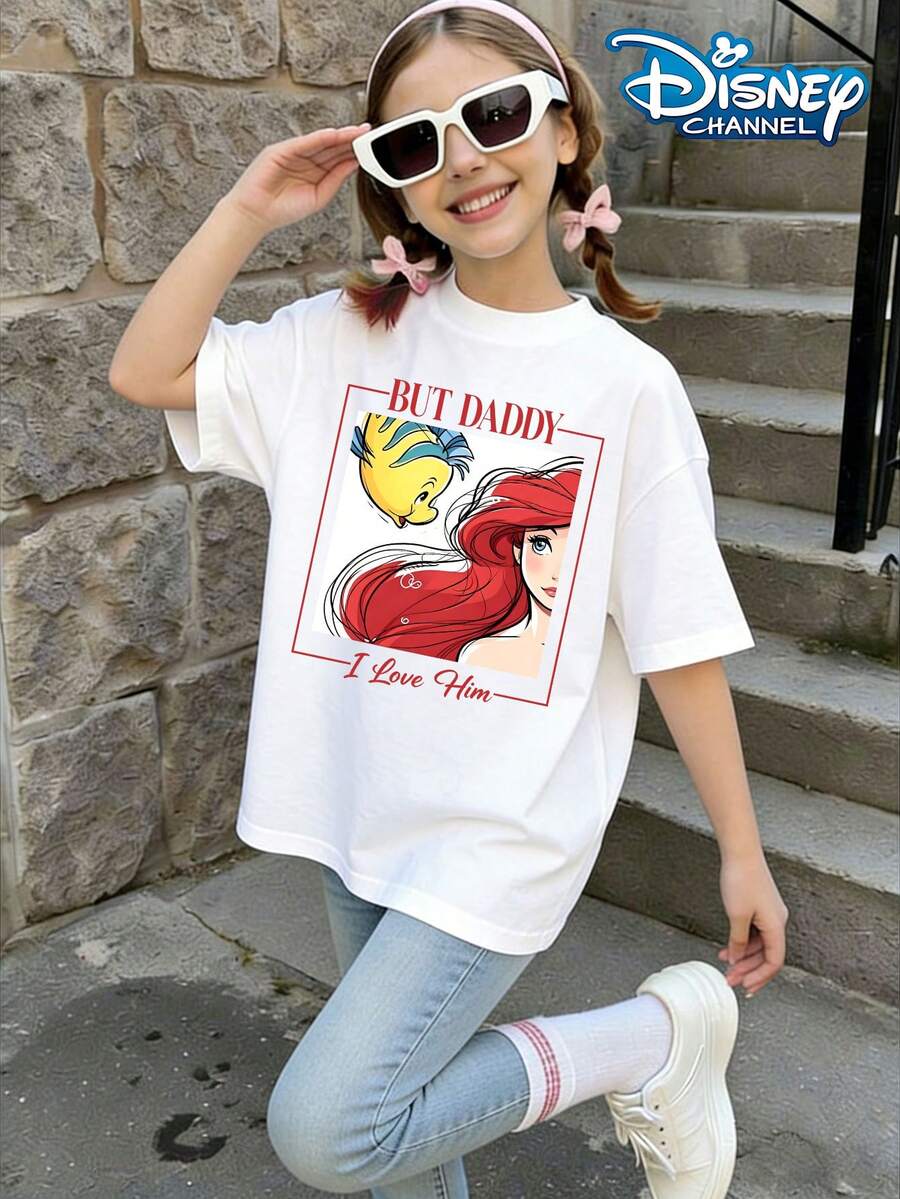 Disney Mermaid Ariel T-Shirt, Mermaid Themed Ariel With Flounder Artistic Cartoon Children's Short Sleeve T-Shirt Pattern Summer Tops,Short-Sleeved Casual And Cute Style Children's Clothing Design, Girl Clothes For Kids Clothes ,Ropa Para Niños,Teen Girls Clothes, Summer Clothes,Boys Summer Outfits,Boys Clothes,Perfect For Cool Girls. Comfortable And Breathable Children's Short-Sleeved T-Shirt. Comfortable And Casual Wear All Year Children's Clothes,Comfortable & Lightweight, Iconic Print For Mix-And-Match Outfits,Suitable For Both Boys And Girls. - White - View 1