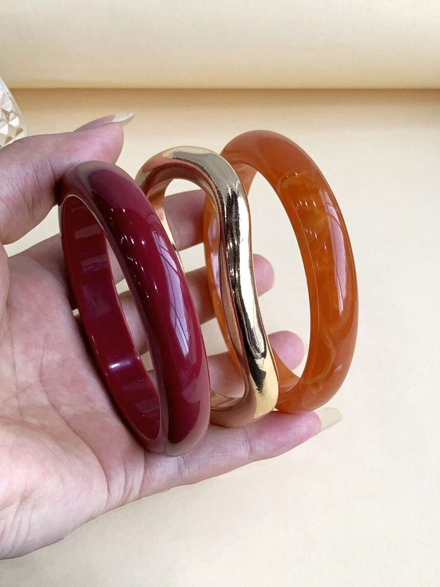 3件套复古波西米亚风厚款多层棕色亚克力手镯，奢华高端，适合女性、情侣、派对、日常佩戴