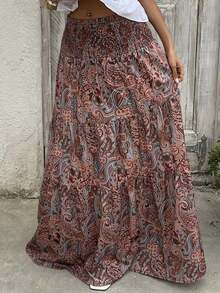 Women's Long Bohemian Print Skirt, Casual For Vacation And Everyday Wear, Spring/Summer - Brown Oxide - View 7