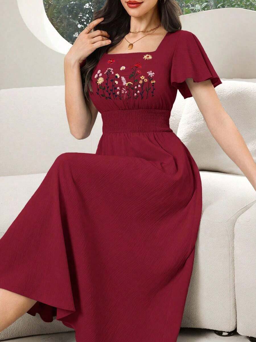 xheModelyn Vestido de manga corta con cintura anudada, volantes y bordado floral, estilo vacacionalxhe