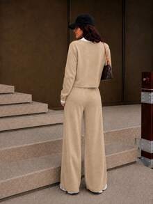 ADD MODA REF YUX1043 WOMEN'S KNITTED SET V-NECK BLOUSE AND WIDE-LEG PANTS - Màu be - Xem 7