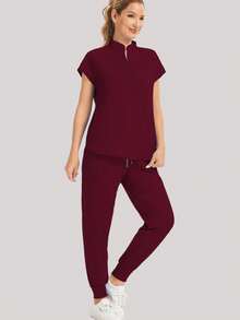 Conjunto de top con bolsillo en cuello en V + pantalón de chándal elástico, uniforme de trabajo con múltiples bolsillos para mujeres - Burdeos - Ver 6