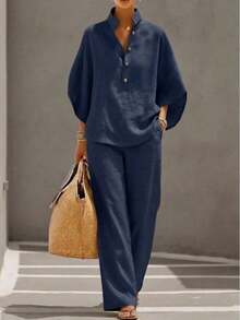 Women's Stand Collar Half-Button Two-Piece Linen Set, Batwing Sleeve Blouse With Elastic Waist Wide Leg Pants, Relaxed Fit Silhouette, Casual Minimalist Style, Available In Multiple Colors, Suitable For Daily Wear, Travel, Errands And Relaxed Outings - 土黃色 - 查看 10
