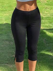 Plus Size Women's Solid Color High Waist Split 7/8 Leggings, European And American Style Slim Fit Stretchy Casual Pants Sports - Black - View 4