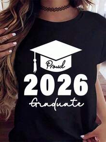 Camiseta de Graduación con Diseño de Gorro de Graduado 2026 para Celebración de Graduación 220g - Negro - Ver 2