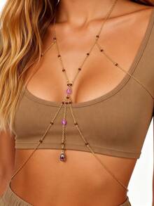 1pc Sexy Faux Crystal Beads Body Chain, Bohemian Bikini Chain, Suitable For Women's Summer Beach, Vacation, Party Wear - Golden Yellow - View 1