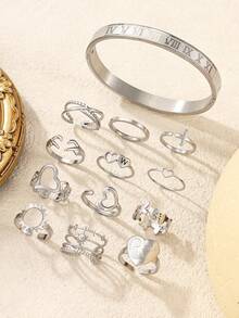 13 piezas Pulsera de acero inoxidable 304 con letras romanas, con corazón, sol y formas radiantes ajustables, anillos con letras personalizables, adecuado para decoración diaria o regalos de mujer - Plateado - Ver 1