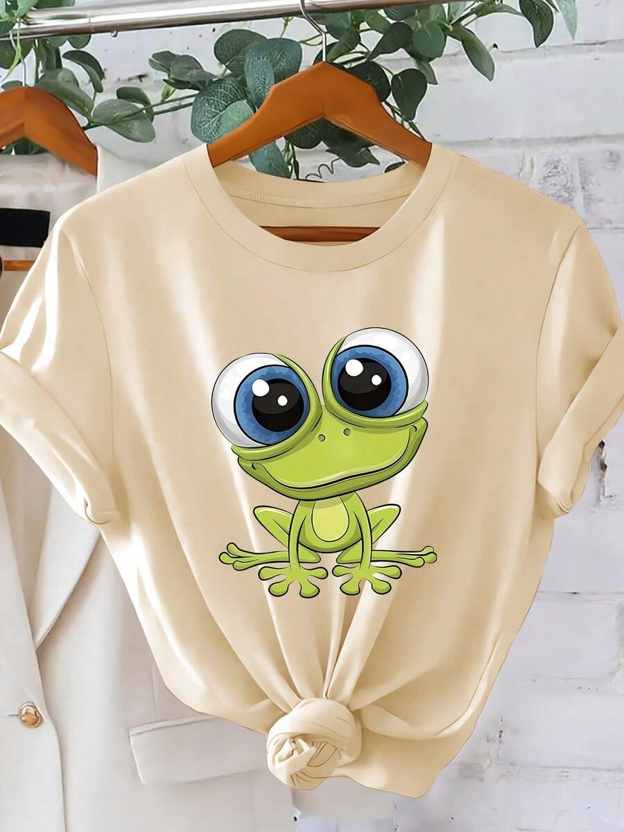 Women's Short-Sleeved T-Shirt With A Cute And Youthful Big-Eyed Frog Print, Featuring A Round Neck, A Casual And Loose Style Suitable For Everyday Wear, Versatile And Stylish For Spring/Summer 2026, Suitable For Parties And Commuting, Women's Clothing Sizes S-XXL. - 卡其色 - 查看 1