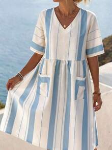 Wandoria Vestido casual de mujer con cuello en V y mangas cortas de color contrastante - Azul - Ver 4