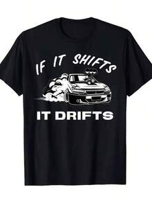 Unisex T-shirt i ren bomull, T-shirt med drift-racing-mönster för män | "Om det skiftar, drifter det" Design, Bekväm Rundhalsad Tröja, Casual Tryckt Skjorta, Perfekt För Bilentusiaster, Svart Med Vit Racing-Illustration, Sommar-T-shirt, Blus, Basic Toppar, Toppar, T-shirt, Kreativ Design, Utomhuslek, Cool Stil, Rolig Design, Söt Stil, Sommaroutfit. - Svart - Visa 1