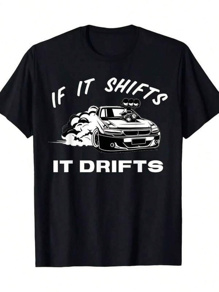 Unisex T-shirt i ren bomull, T-shirt med drift-racing-mönster för män | "Om det skiftar, drifter det" Design, Bekväm Rundhalsad Tröja, Casual Tryckt Skjorta, Perfekt För Bilentusiaster, Svart Med Vit Racing-Illustration, Sommar-T-shirt, Blus, Basic Toppar, Toppar, T-shirt, Kreativ Design, Utomhuslek, Cool Stil, Rolig Design, Söt Stil, Sommaroutfit. - Svart - Visa 1
