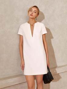 Vestido corto recto de unicolor con cuello en V y manga corta para mujer, conjunto de ropa casual de negocios para vacaciones de verano elegante en color blanco - Negro - Ver 7