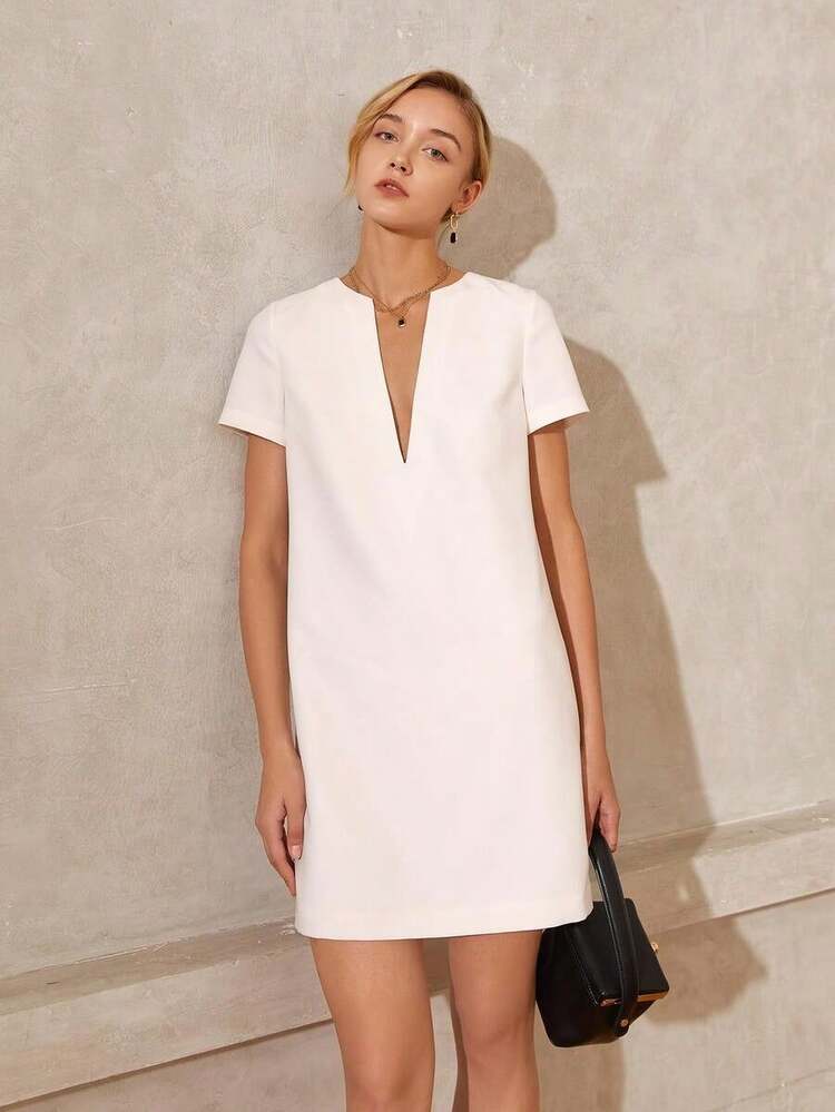 Vestido corto recto de unicolor con cuello en V y manga corta para mujer, conjunto de ropa casual de negocios para vacaciones de verano elegante en color blanco - Negro - Añade 7