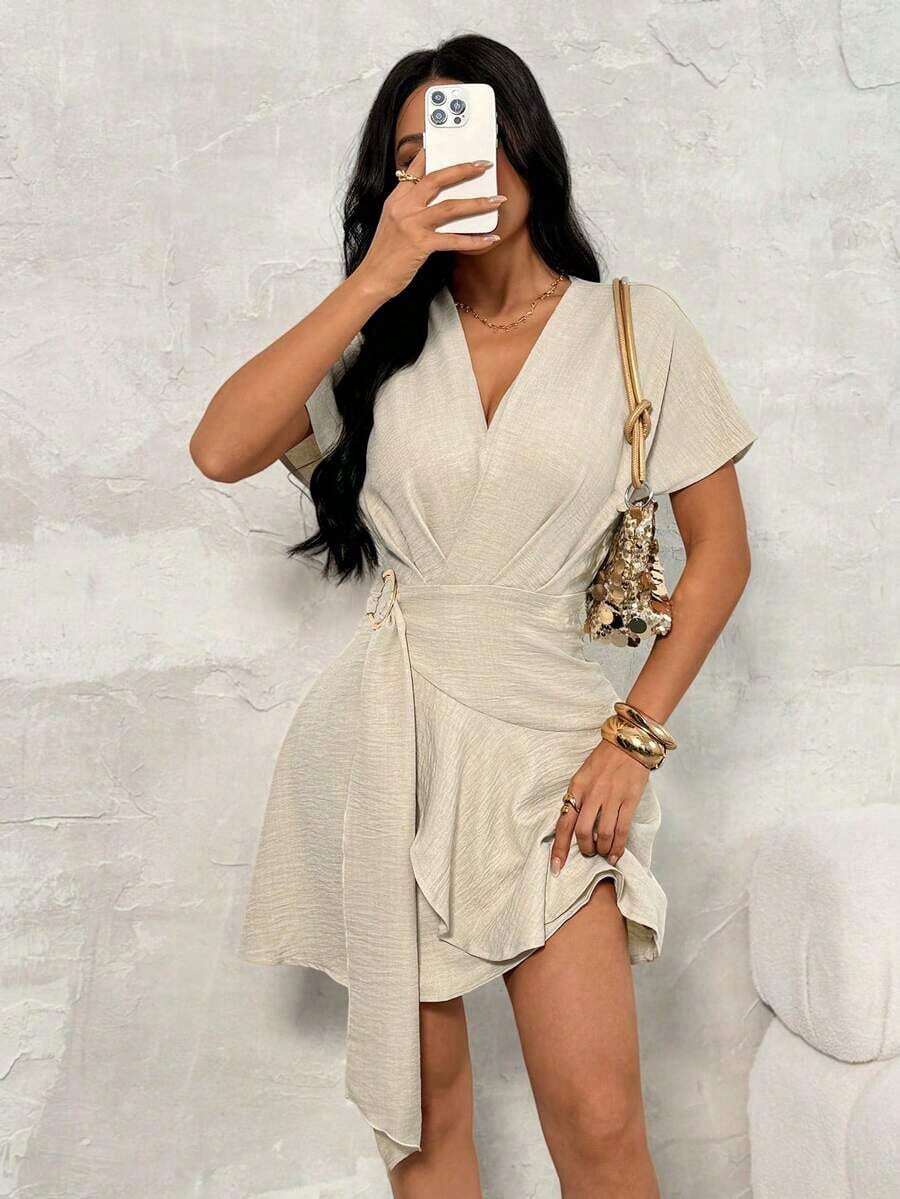 PETITE Vestido de mujer elegante y minimalista con aspecto de lino caqui, cuello en V sin mangas, vestido ceñido a la cintura, vestido camisa con botones delanteros, vestido de falda fluida, vestido casual, vestido de estilo retro, vestido minimalista, vestido de vacaciones - Albaricoque - Ver 1