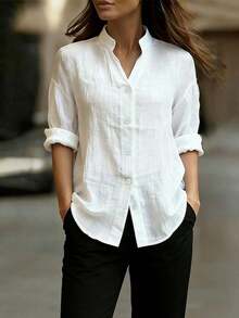 Blusa 2026 de mujer de estilo minimalista y preppy, de manga larga, cuello en V pequeño, con detalles de smocking y tela arrugada, de corte holgado y semitransparente, para oficina y uso diario - Blanco - Ver 1