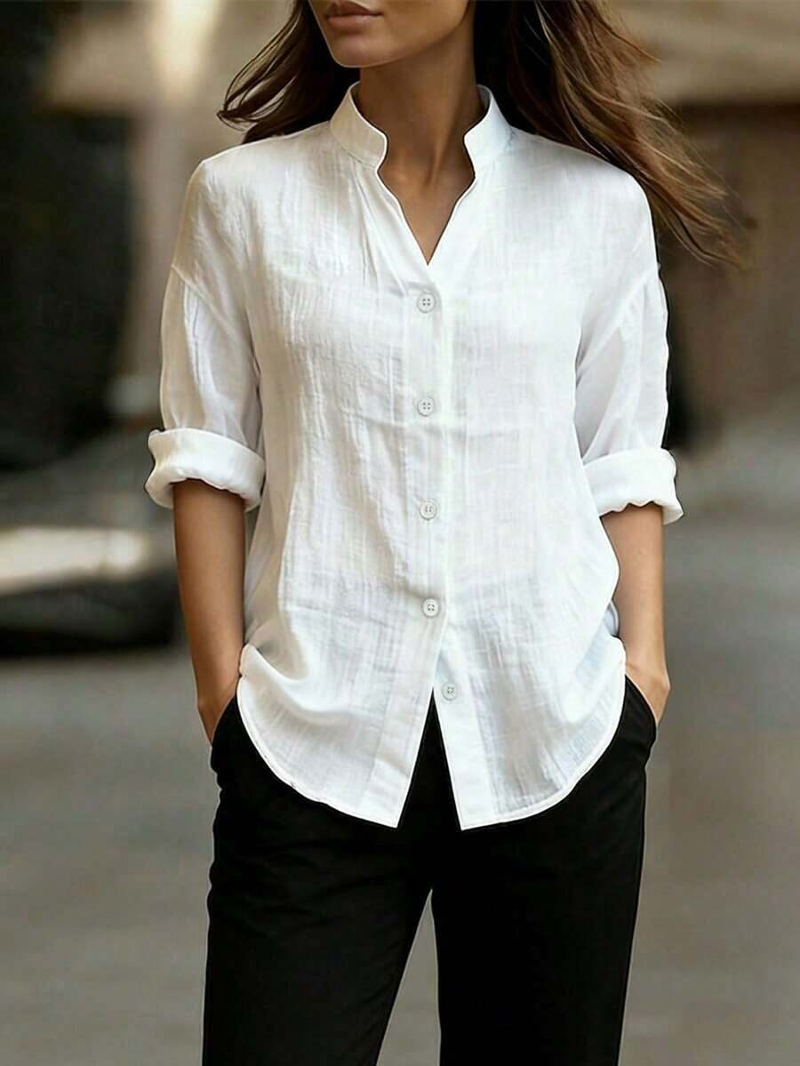 Blusa 2026 de mujer de estilo minimalista y preppy, de manga larga, cuello en V pequeño, con detalles de smocking y tela arrugada, de corte holgado y semitransparente, para oficina y uso diario - Blanco - Ver 1