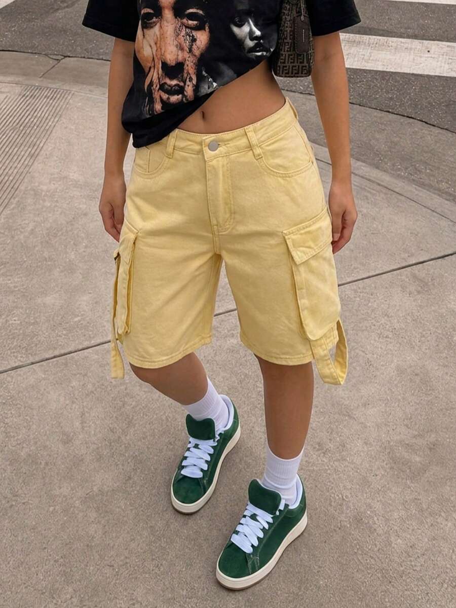 (Cotton Available) Women's Straight Leg Cargo Denim Capri Pants Casual Summer - Apricot - View 1