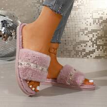 New Elegant Fashion Women's Rhinestone Decor Fluffy Slippers, Comfortable Warm Indoor/Outdoor Plush Slide Slippers For Women, Flat Design Anti-Slip Lightweight Easy-To-Wear Furry Slippers - Pink - View 5
