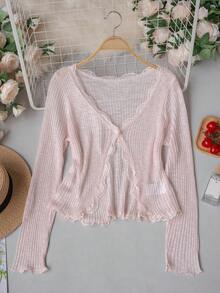 Áo khoác ngoài cổ chữ V màu hồng nhạt viền ren, áo len cổ choàng nhẹ nhàng dễ thương cho mùa hè đi học dành cho nữ. - Màu Hồng baby - Xem 5