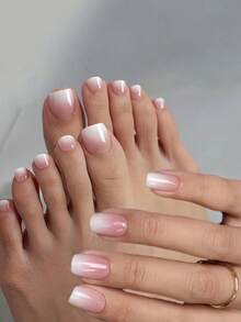 2-In-1 Nail Art Stickers, 24pcs French Ombre Pink Fake Nails For Hands & 24pcs For Feet, Peel And Stick Design - Multicolor - View 5