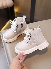 1 Pair Little Girls Little Boys Soft Sole Anti-Slip Fashion Versatile Outdoor Casual Sports Embroidered Leather Shoes Suitable For Spring And Autumn - White - View 3