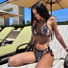 2026 New Sexy Two-Piece Sequin Bikini For Women With Straps And Hollow Design Beach Swimsuit - Black - View 1
