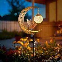 1pc Solar Powered Iron Art Moon & Hummingbird Garden Stake Light, Warm LED Light For Outdoor Yard, Lawn, Park - Hummingbird Ground Plant - View 6