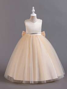 Girls' Long Sleeveless Princess Dress With Big Bow, Suitable For Birthday, Runway, Wedding, Christmas Party, Performance - Champagne - View 3