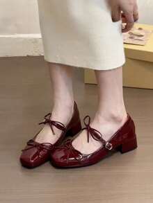 French Haute Couture Bow, Chunky Heel And Square Toe Shoe, New Marijen With Skirt And Red Shoes For Women, Women's Ballerinas - 酒紅色 - 查看 6