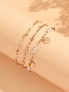 3pcs/Set Classic Gold Disc Tassel Decor Anklet, Multilayer Stacking Gold Tone Anklet Jewelry, Suitable For Daily Wear, Beach, Party And Date - Multicolor - View 3