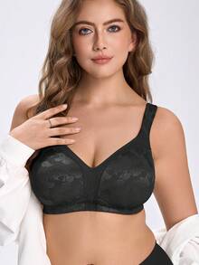 Plus Size Shaping Bra, Wireless Wide Strap Jacquard Full Coverage Unpadded - Black - View 3