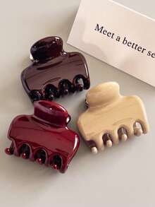 3pcs Medium Size Red, Chocolate, Khaki Glossy Elegant Hair Clips, Multifunctional High-End Minimalist Solid Color Hair Claws, Suitable For Daily Wear, Work, Party, Casual, Face Washing, Makeup, Outfit Matching, Summer Beach Accessory - Multicolor - View 10