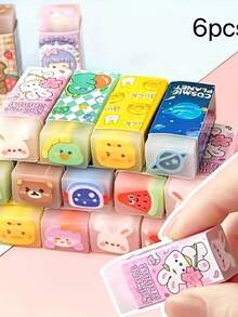 6pcs Random Pattern Cute Cartoon Sandwich Erasers, High-Quality Student Prize Pencil Erasers, Cleanable & Low-Residue Office Supplies - Multicolor - View 1