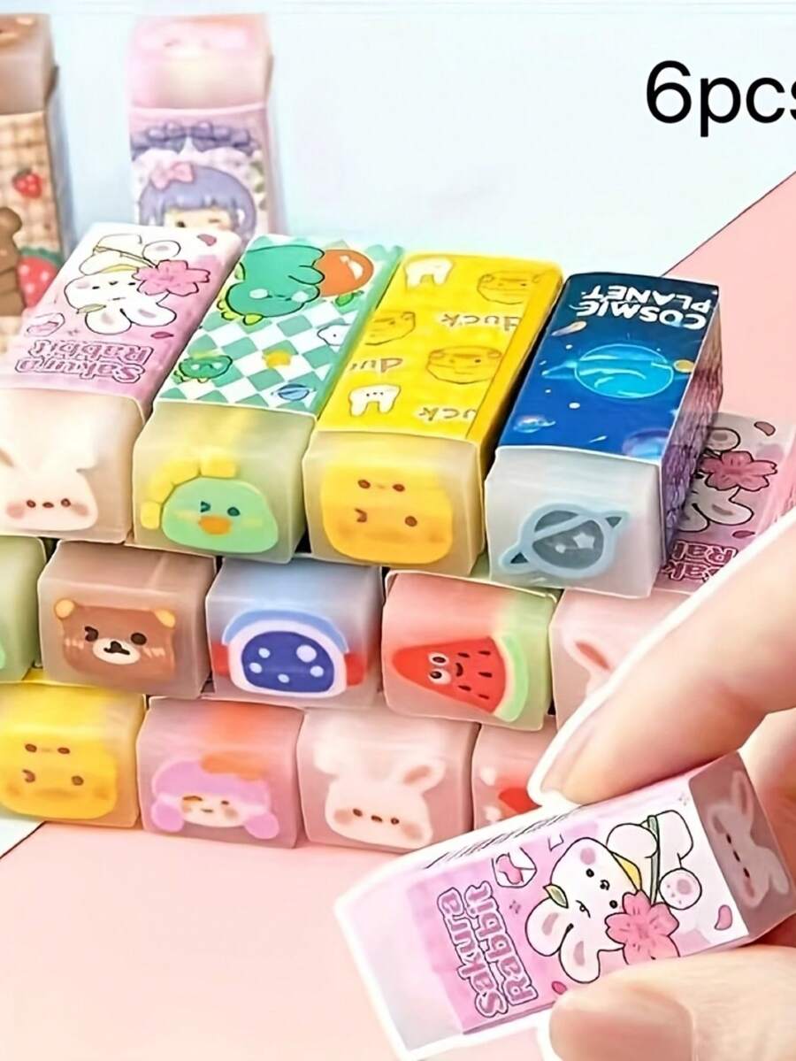 6pcs Random Pattern Cute Cartoon Sandwich Erasers, High-Quality Student Prize Pencil Erasers, Cleanable & Low-Residue Office Supplies - Multicolor - View 1
