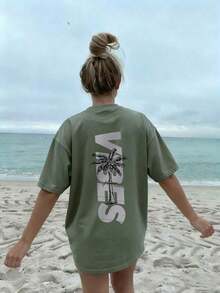 2026 Women's New Summer Casual Short Sleeve Round Neck Top  Women's Minimalist Coconut Tree Slogan Print Casual Round Neck Short Sleeve T-Shirt, Simpl - 草綠色 - 查看 6