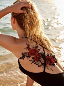 STARTTOOS Tatuaje temporal floral de rosa roja y mariposa oscura de color misterioso - Regalo de fiesta de carnaval, tatuaje sexy para muslo/pecho/espalda - Multicolor - Ver 3
