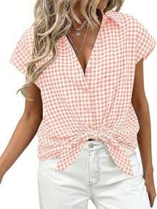 Puff Sleeve Striped Ruffle Blouse V Neck Button Front Summer Top Chic Casual Work Office Outfit For Women - 粉紅色格子 - 查看 2