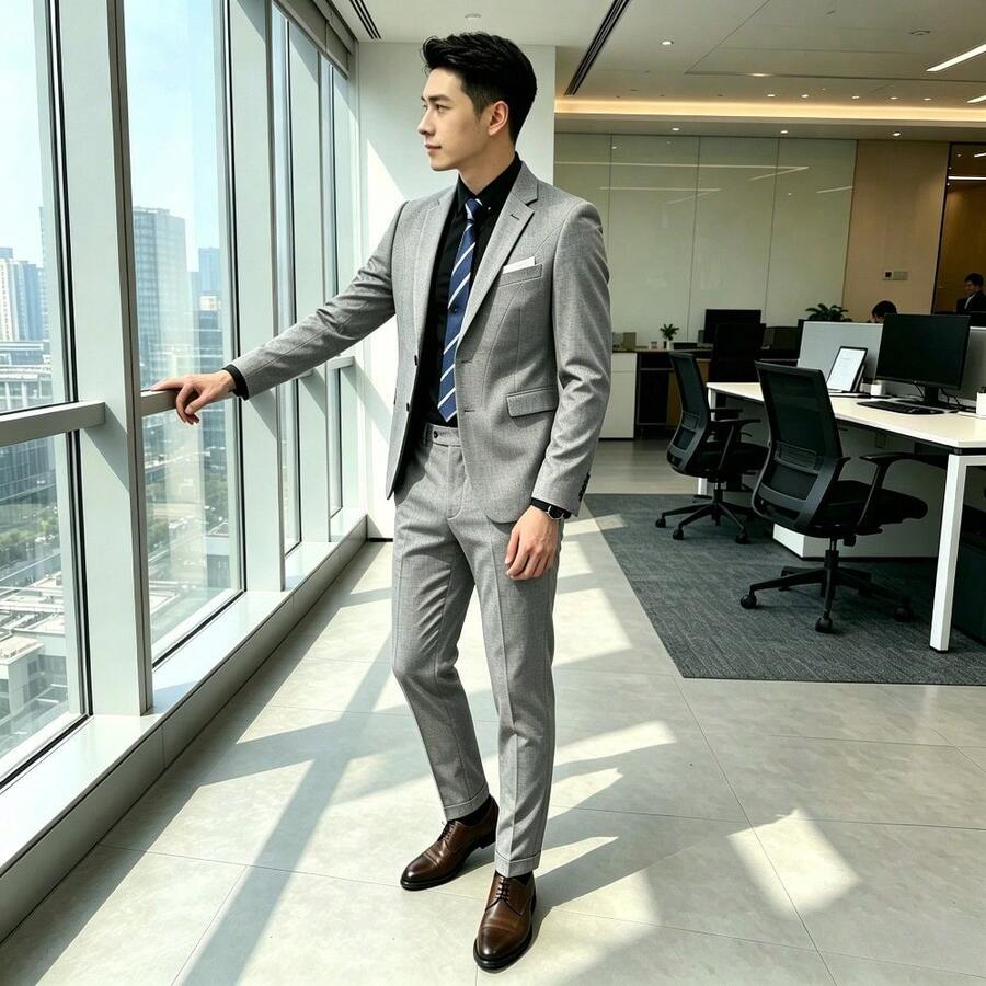 Traje de dos piezas para hombre, compuesto por chaqueta y pantalón; adecuado para ocasiones importantes, como bodas y entrevistas de trabajo. - Gris Claro - Ver 1