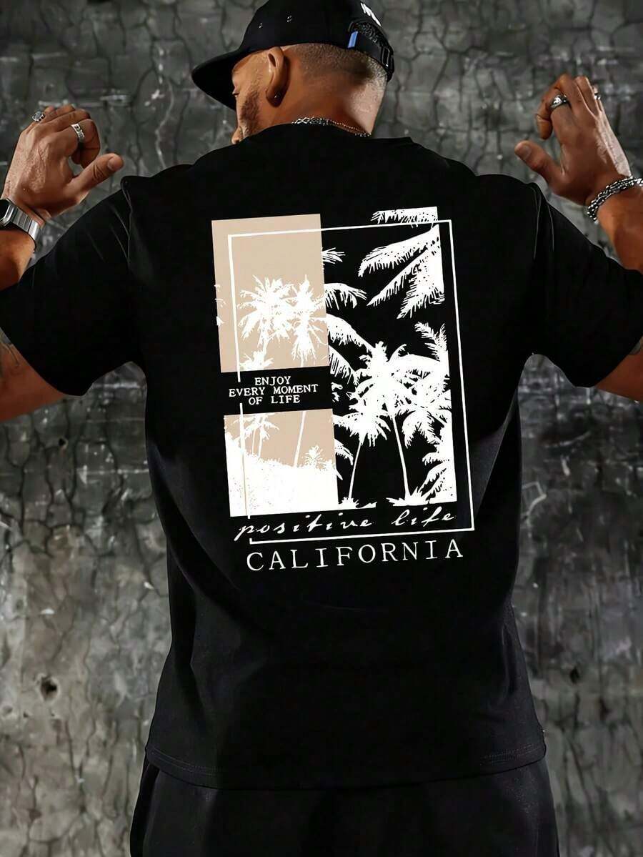 Men's Summer Clothing, Graphic T-Shirts, Casual Men's Fashion, Short Sleeve T-Shirt With CALIFORNIA Print, Comfortable And Versatile, Suitable For All Seasons, Y2k Men's Clothing, Urban Clothing - 黑色 - 查看 1