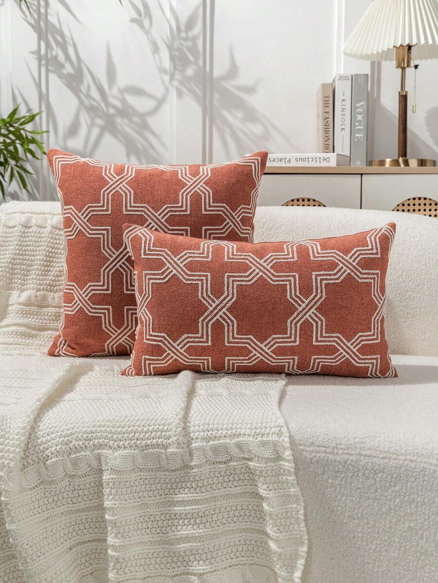 1個橘色幾何圖案刺繡抱枕套，現代簡約幾何線條刺繡裝飾枕套，適合室內裝飾，四季通用枕套，不含枕芯