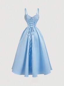 MOD Vestido largo elegante de unicolor con cintura fruncida y anudada, adecuado para citas y fiestas - Rosa - Ver 6