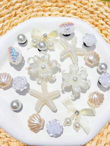 20件米色鞋飾（海星、花朵、貝殼、蝴蝶結）適用於穿孔拖鞋DIY裝飾配件，完美搭配單品，生日、節日、派對禮物首選 - 米色 - 查看 4